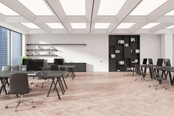 Wall Mural - Modern open space office interior with skylights and wooden floor. 3D Rendering