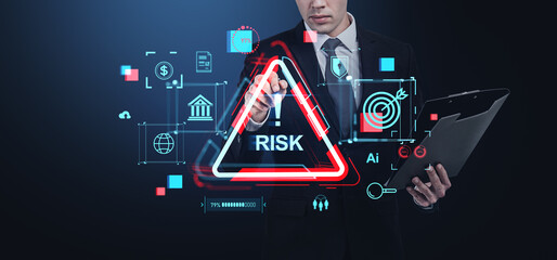 Poster - businessman assessing digital risk management with futuristic ic