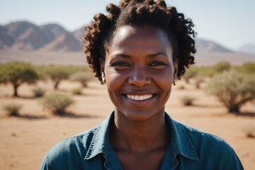 Wall Mural - Close portrait of a smiling 40s Namibian woman looking at the camera, Namibian outdoors blurred background