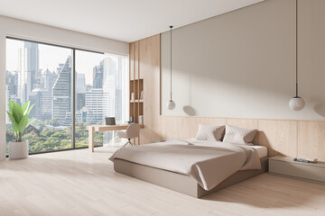 Wall Mural - Beige home bedroom interior with bed and work table, panoramic window