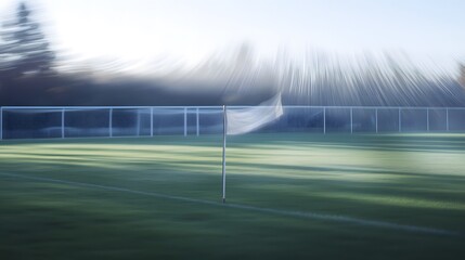 Poster - blurred image of an empty corner flag on a soccer field, with the flag gently swaying in the wind