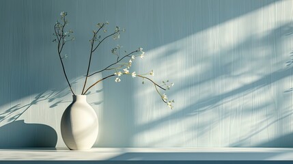 Canvas Print - Powder blue wallpaper with a shadow of a wall vase offering a fresh refined look