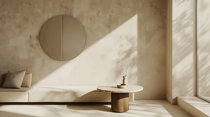 Canvas Print - Warm beige wallpaper with a shadow of an asymmetrical mirror adding sophistication