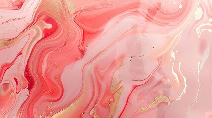 Poster - Blush pink wallpaper with marbled coral and gold paint offering fluid and organic abstract shapes