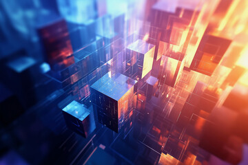 Poster -  cityscape with a lot of glass buildings and a bright orange sky. The buildings are made of cubes and the sky is filled with light