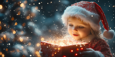 Wall Mural - Banner with small cute girl in Santa Claus suit holding christmas present with stardust. Magical bokeh and snowy background. Shallow depth of field.