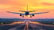 A large airplane is landing on a runway at sunset, with the sun visible behind the plane.