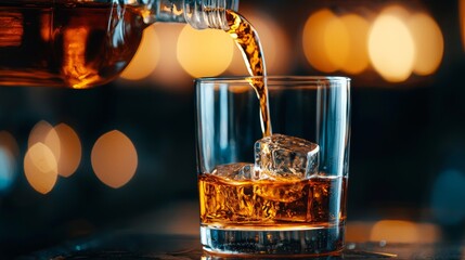 A close-up of whiskey being poured over ice cubes in a classic glass, with the amber liquid catching the warm light