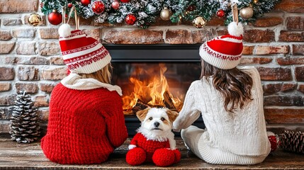 Poster - young couple hanging festive stockings by the fireplace while the dog plays with a plush toy nearby 
