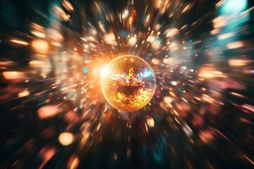 Poster - blurred shot of a dazzling disco ball casting shimmering light across a dark room. The motion blur creates swirling patterns of light on the walls and floor