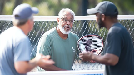 A group of older men are playing tennis, talking and laughing together.