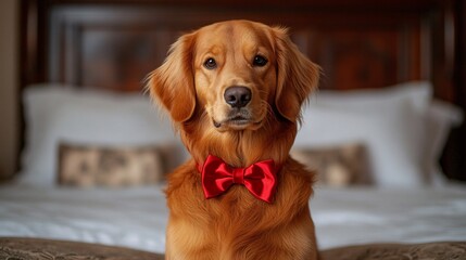 Poster - Family dog wearing a holiday bowtie sitting patiently while the family prepares for a holiday portrait Large space for text in center Stock Photo with copy space