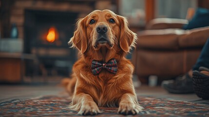 Poster - Family dog wearing a holiday bowtie sitting patiently while the family prepares for a holiday portrait Large space for text in center Stock Photo with copy space