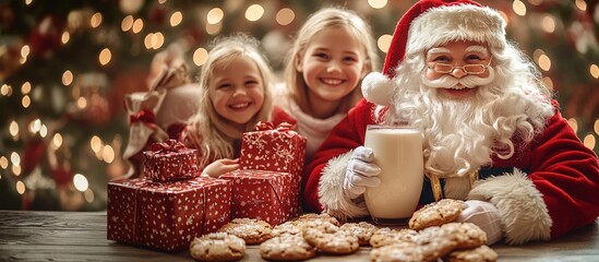 Poster - Children placing milk and cookies on a table for Santa Claus while parents watch with smiles Large space for text in center Stock Photo with copy space