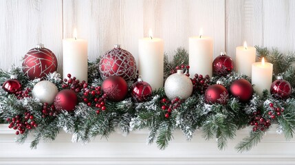 Poster - Close-up of a beautifully decorated mantelpiece with holiday garlands candles and festive ornaments Large space for text in center Stock Photo with copy space
