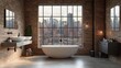© Timeless Touch - A sleek urban loft bathroom, with exposed brick walls, industrial fixtures, and large windows framing views of the city skyline