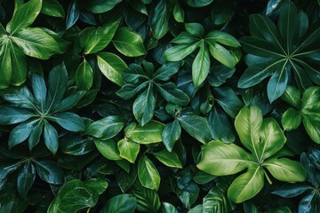 Lush green foliage background texture of tropical leaves with a dark background.