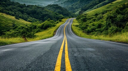 A curving road stretches into the distance through lush green hills under a cloudy sky, symbolizing a business journey or the path to success.