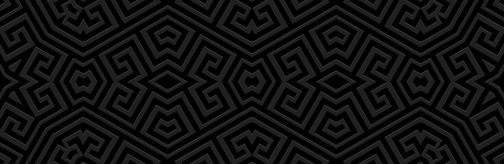 Wall Mural - Banner, ethnic cover design. Geometric unique Greek 3D pattern, meander. Black background, embossing. Ornaments of the East, Asia, India, Mexico, Aztec. Space for text and advertising. 