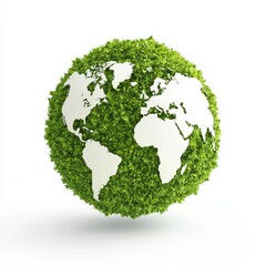 Eco-friendly earth globe made of green leaves on white background.