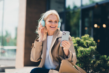 Sticker - Photo of lovely cute charming woman in city center relax rest weekend vacation sunny autumn day warm weather