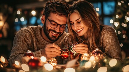 Poster - Young couple painting festive ornaments in a DIY craft session Brightly illustrated scene filled with colorful supplies and characters deeply focused on their creations Large space for text in center