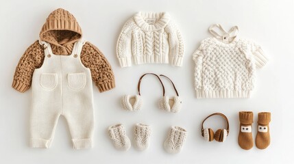 Flat lay of cozy baby winter outfits: soft woolen overalls, earmuffs, and booties, with a neutral background. No people, no logo.