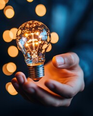 Person holding a glowing light bulb, surrounded by soft bokeh lights.