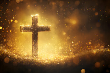 Religious cross in abstract wallpaper with shining gold sparkles and radiant lights. Symbolism of heaven or the resurrection.