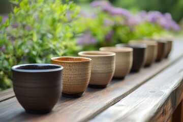 Wall Mural - Set of handmade ceramic clay cups, with the background of outdoor garden - generative ai