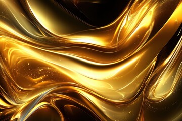 Poster - Abstract golden liquid swirls and waves with bright highlights on a black background.