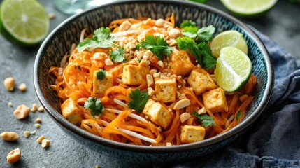 A bowl of vegetable pad Thai, with rice noodles, tofu, and peanuts, garnished with lime wedges and cilantro.