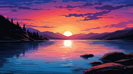 Wall Mural - Serene Sunset Over a Mountain Lake with Silhouetted Trees and Rocks