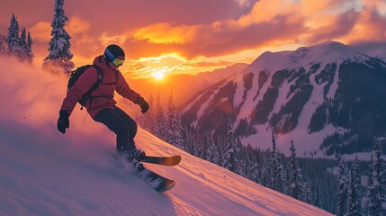 Poster - A snowboarder rides down a mountain slope at sunset.