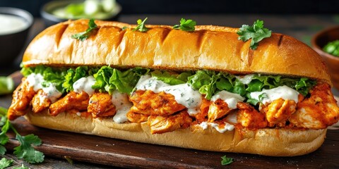 Poster - A large Buffalo chicken sub sandwich, overflowing with spicy grilled chicken, melted cheese, lettuce, and ranch dressing, served on a toasted hoagie roll.