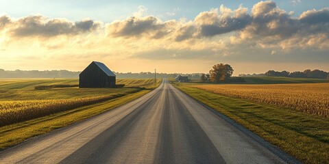 Wall Mural - A long stretch of rural asphalt highway passing through farmland, with fields of crops on either side and a barn in the distance.