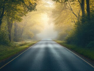 Wall Mural - a misty morning on an empty asphalt road through a national park, with trees and mist creating a pea