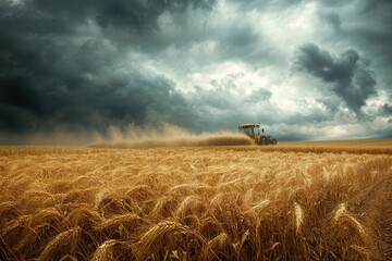 A tractor harvesting a field of wheat under a stormy sky.