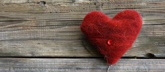 Sticker - Felt Heart On A Wooden Background Valentines Day Card