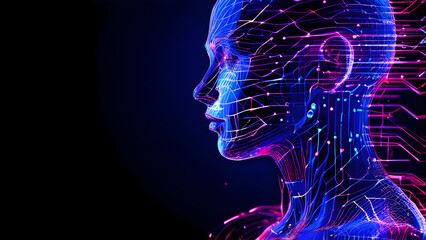 Visually represent the flow of data or light in the form of a human, Add digital patterns or flows around the head to make it look like the AI ​​is understanding human thoughts.