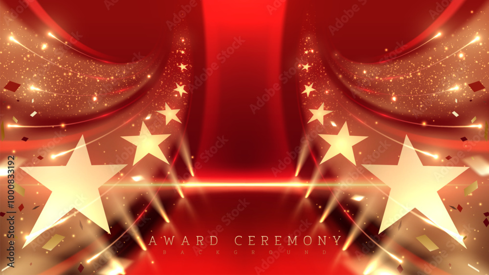 Red luxury award ceremony background with moving gold stars, light ...