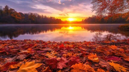 Wall Mural - a serene autumn landscape with golden and red leaves covering the ground, a calm river reflecting th