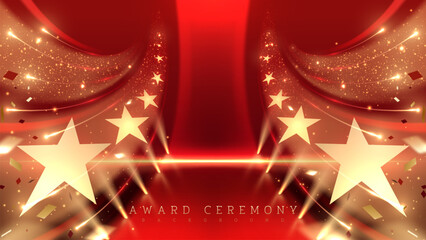 Wall Mural - red luxury award ceremony background with moving gold stars, light beams, bokeh, and ribbon decorati