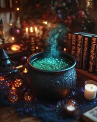 Halloween witch's cauldron with potions.