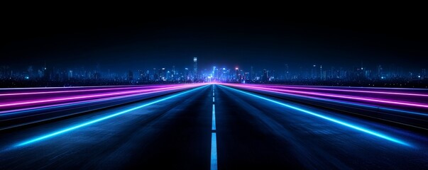 A futuristic, neon-lit highway stretches into the distance under a dark sky, adorned with vibrant blue and pink lights, suggesting speed and technology.