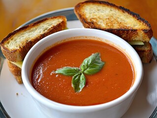 Wall Mural - A warm bowl of creamy tomato basil soup, served with a side of grilled cheese made with whole-grain bread.