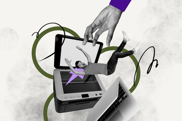 Poster - Creative collage young man falling down printer computer digital device laptop scanner catch hand arm surreal drawing background