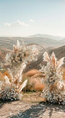 Poster - A beautiful archway made of flowers and grass is set up in a field