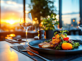 Close-up of a perfectly plated gourmet dish with vibrant colors, shot in a high-end restaurant setting