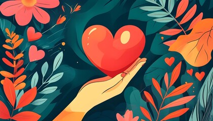 Wall Mural - Vibrant Hands Embracing a Heart Symbolizing Support and Compassion in Charity Artwork for Awareness and Donations